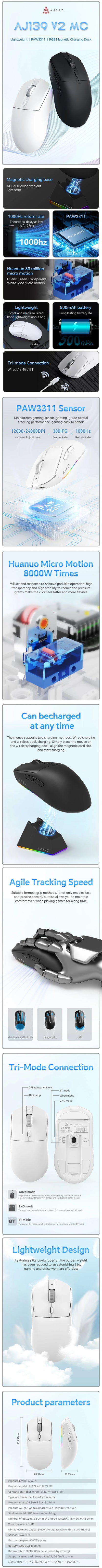 AJAZZ AJ139 V2 MC PAW3311 Wireless Gaming Mouse with RGB Magnetic Charging Base 24000DPI Bluetooth/Wired Mice,PC Gamer