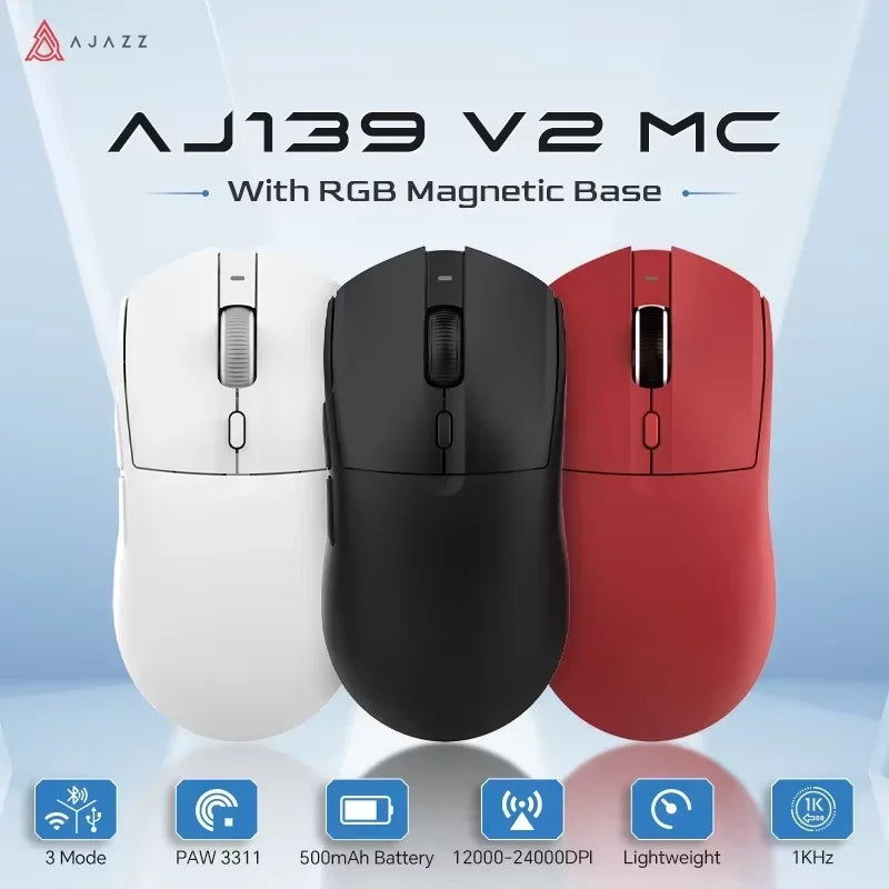 AJAZZ AJ139 V2 MC PAW3311 Wireless Gaming Mouse with RGB Magnetic Charging Base 24000DPI Bluetooth/Wired Mice,PC Gamer