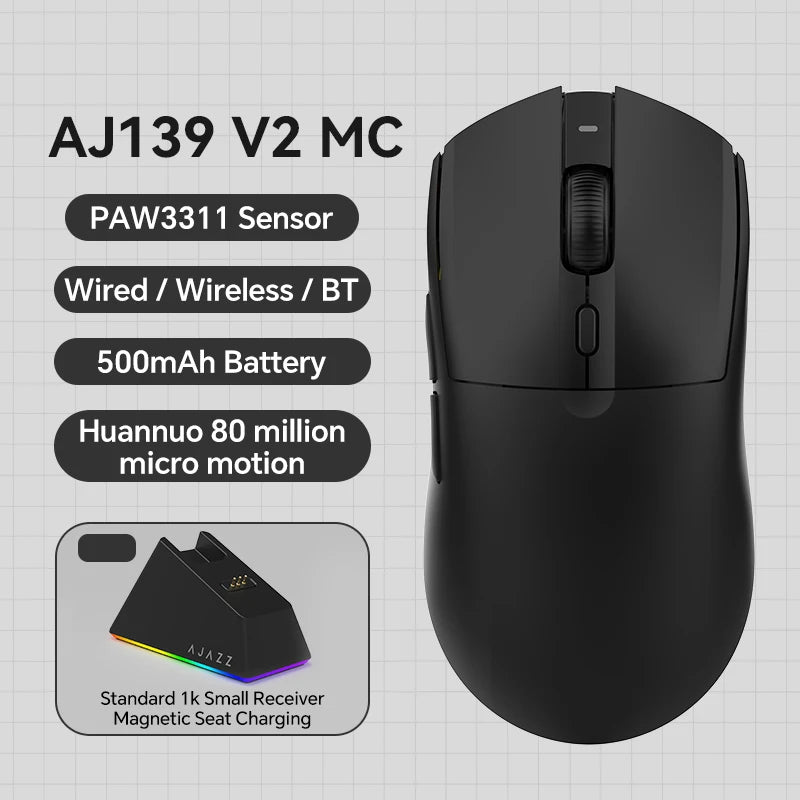 AJAZZ AJ139 V2 MC PAW3311 Wireless Gaming Mouse with RGB Magnetic Charging Base 24000DPI Bluetooth/Wired Mice,PC Gamer