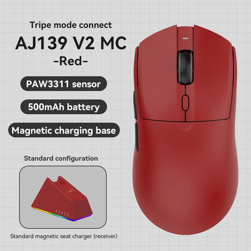 AJAZZ AJ139 V2 MC PAW3311 Wireless Gaming Mouse with RGB Magnetic Charging Base 24000DPI Bluetooth/Wired Mice,PC Gamer